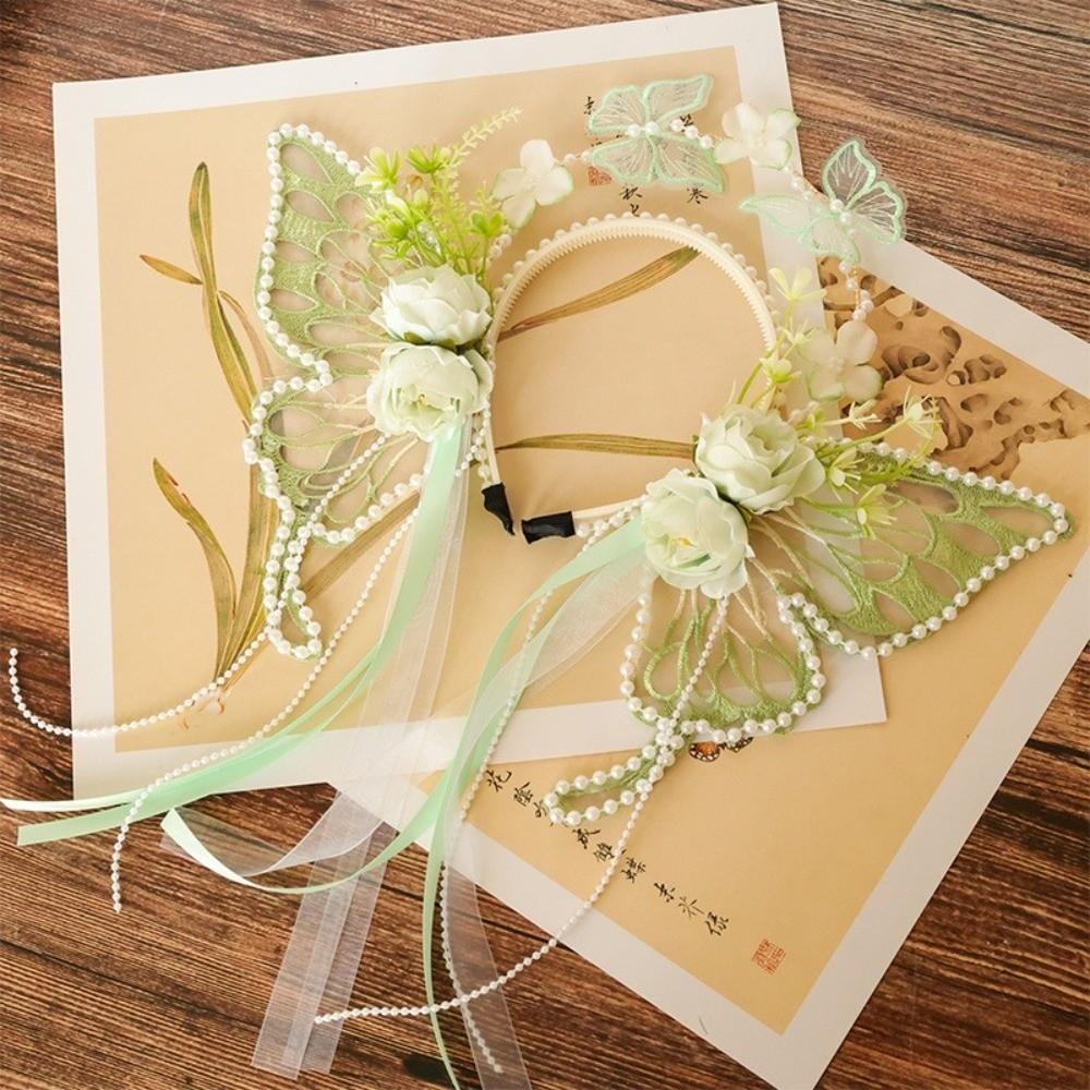 Silk Ribbon Butterfly Flowers Hairband Pearl Beads Decorative Headwear Floral Headwear Women Wear