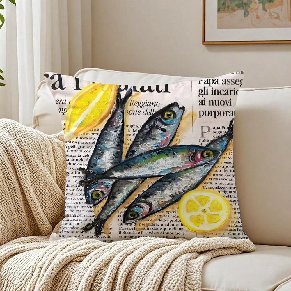 Colorful Sardine Lobster Pattern Art Cushion Cover Linen Pillowcase Soft for Sofa Bed Home Room Decor
