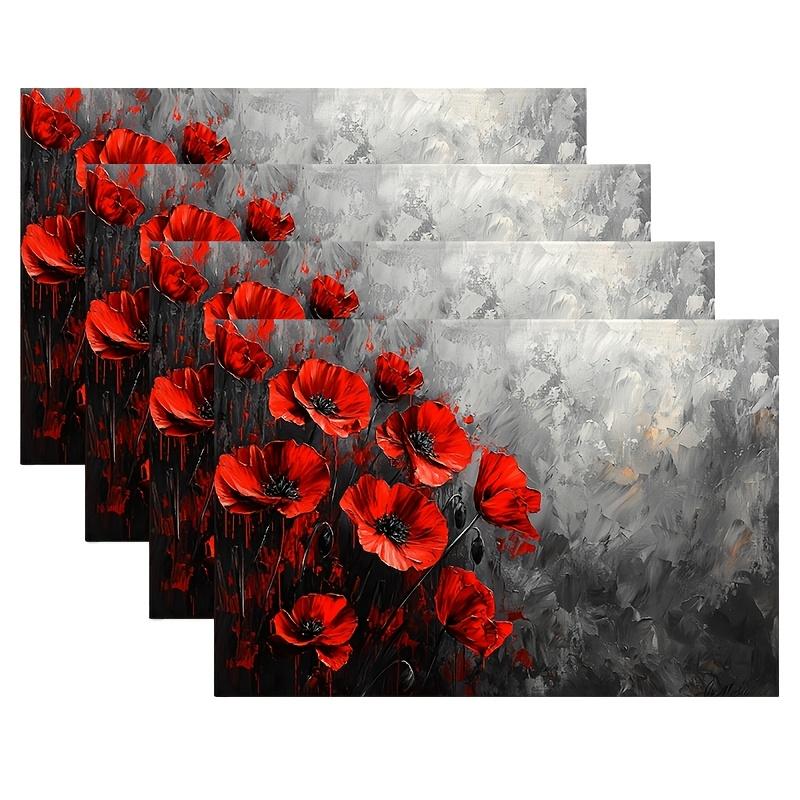 4pcs Placemats Set with Red Flower Art Design, 12x18 Inches, Suitable for Kitchen and Dining Room Decor, Home Decoration, Family Dinner Table Setting,