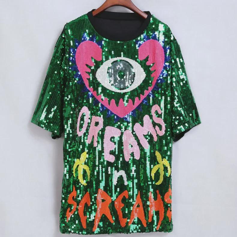 Свободная футболка с пайетками в виде сердечек персикового цвета 8 цветов - Коллекция весна/лето 2024 г.