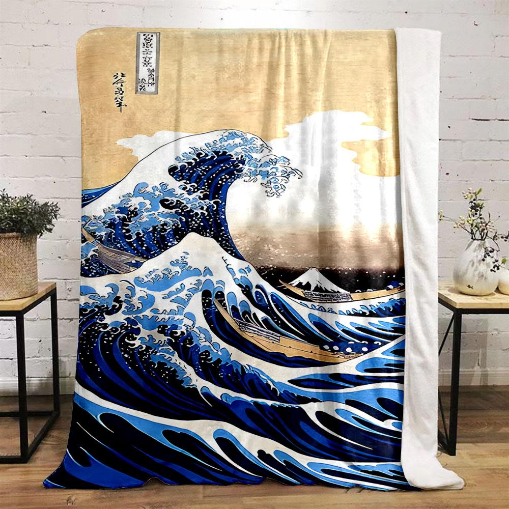 Great Wave Inspired Ocean Art Patterned flannel blanket perfect for the bedroom living room, sofa, or a little nap