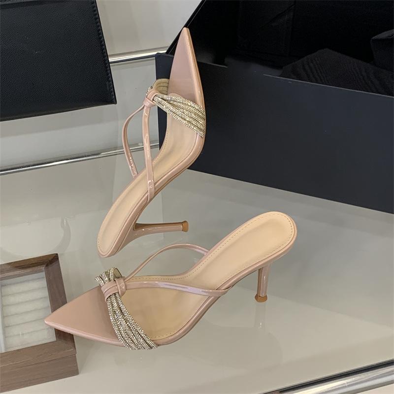 Summer Women's High-heeled Sandals, One-strap High-heeled Slippers, Pointed Toe, Rhinestone, Open-toe Slippers.