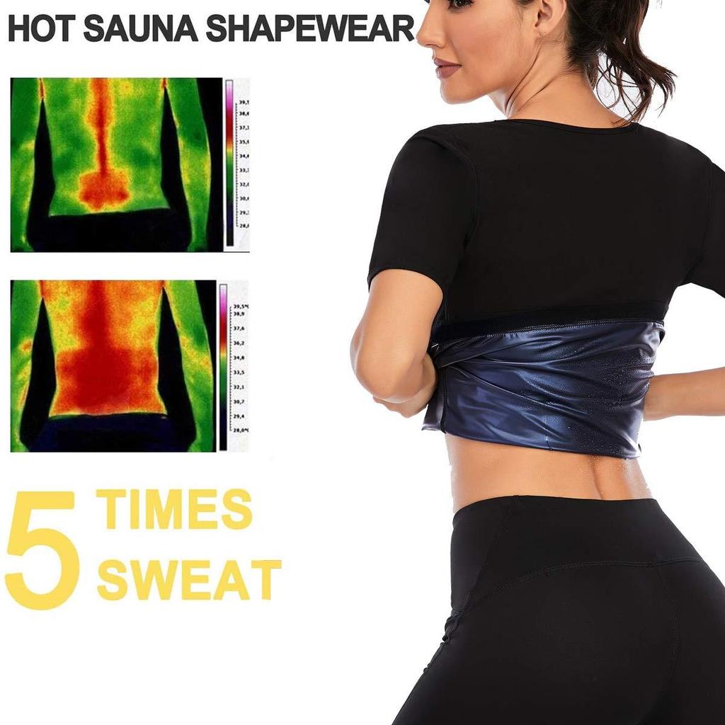 Women Short Sleeve Sauna Suit Sweat Shirts Body Shaper Hot Polymer Slimming Shapewear Fitness Workout Tank Tops Exercise Undershirt