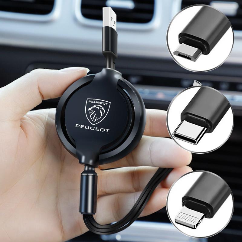 1pcs 3-in-1 Interface Car Charger Data Cable Safe Fast Charging For Peugeot 208 3008 407 307 206 301 408 QJ 5008 308 2008 207 508