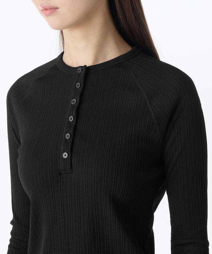 MUSINSA STANDARD WOMAN Женская футболка-henley с вертикальной текстурой, длинный рукав [Черный]