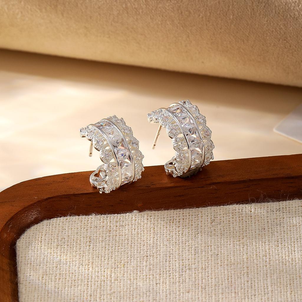 S925 Sterling Silver Purple Baguette Cubic Zirconia C Shape Stud Earrings Multi Row Sparkly Elegant Women Jewelry