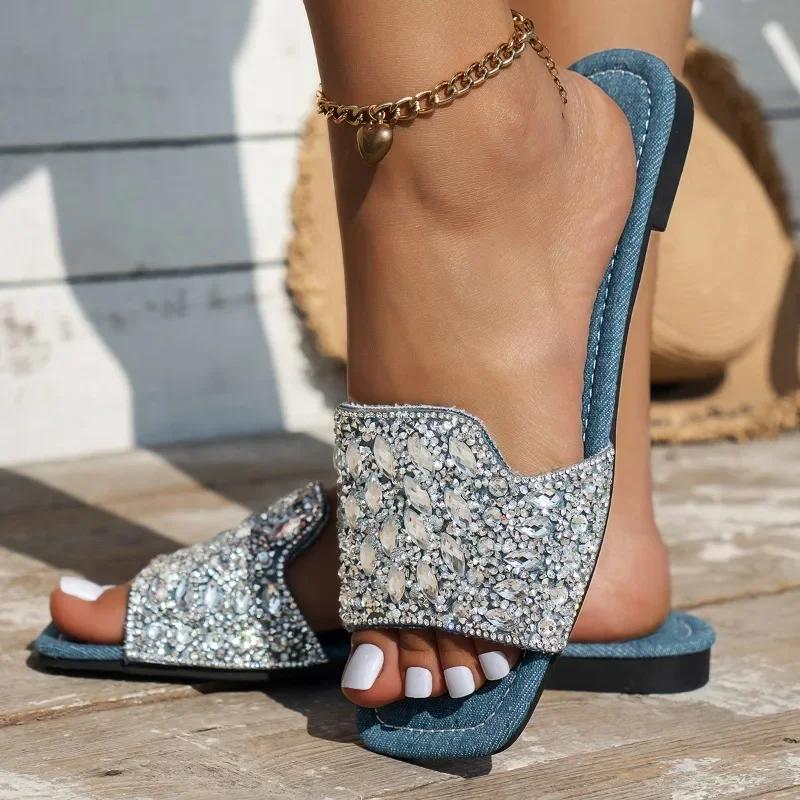 2024 Летние женские туфли на плоской подошве Высококачественные модные повседневные женские тапочки Однотонные женские тапочки из ткани со стразами