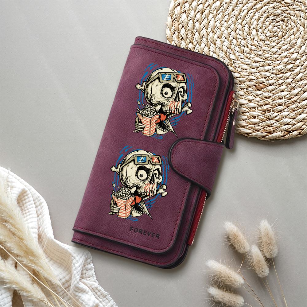 Cool Skull Pattern Long Wallet for Men Women Multi Card Holder PU Leather Purse