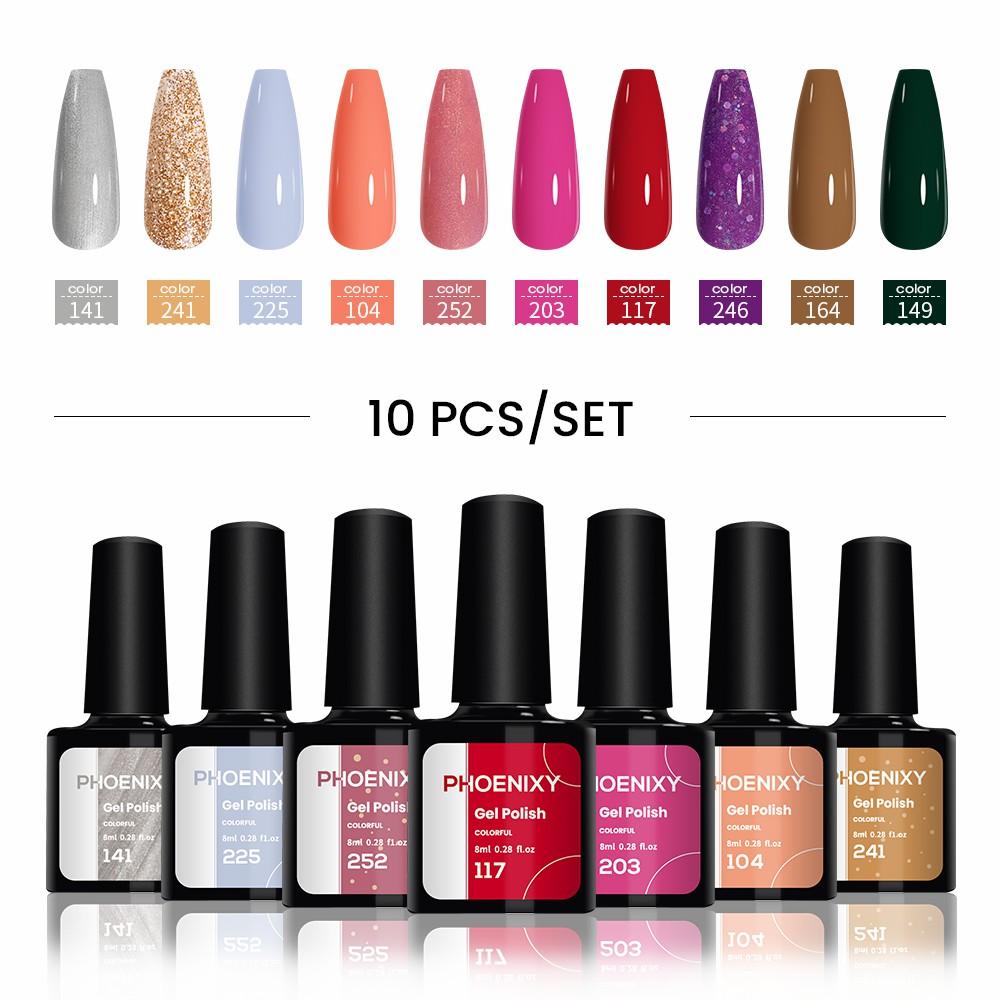 PHOENIXY Набор гель-лаков 10 цветов Soak Off Гель-набор с чистым цветом для дизайна ногтей Стартовый набор для начинающих для самостоятельного маникюра дома