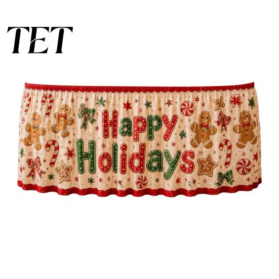 Christmas Table Skirt Skirt, Santa Claus Elk Prints, Elastic Edge, Dining Decor, Holiday Elf Xmas Tree Festive for Home Party Decoration Dinner
