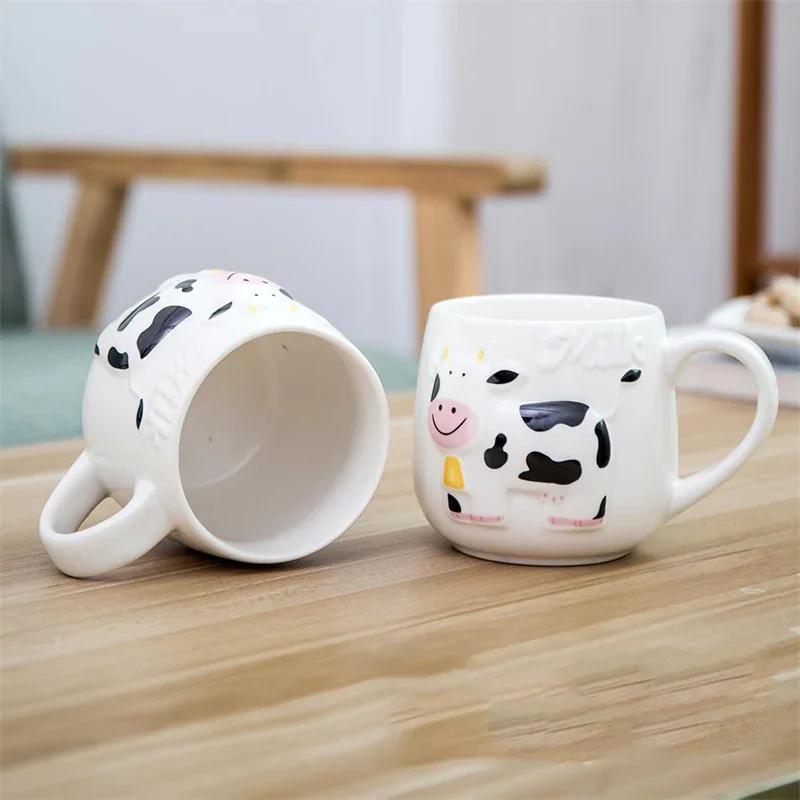 14oz Creative Relief Cow Ceramic Mug Cute Animals Coffee Cups Juice Milk Tea Cup Bottle 3D Animal Mug Breakfast Cups Kids Gift