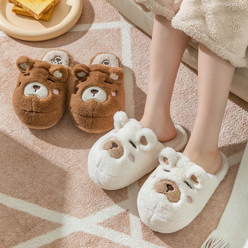 Unisex Cartoon Plush Slippers Women Men Autumn Winter Warm Thick Flannel Home Cotton Shoes Couple Cute Bear Slippers Indoor Boot