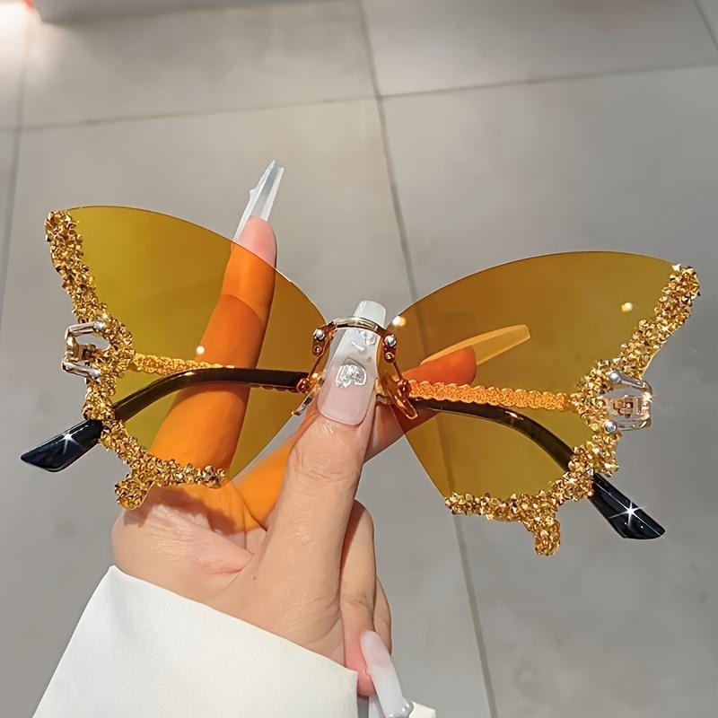 Женские очки-бабочки без оправы, блестящие стразы, градиентные декоративные оттенки, легкая силиконовая опора для носа, дизайн с изогнутыми ножками