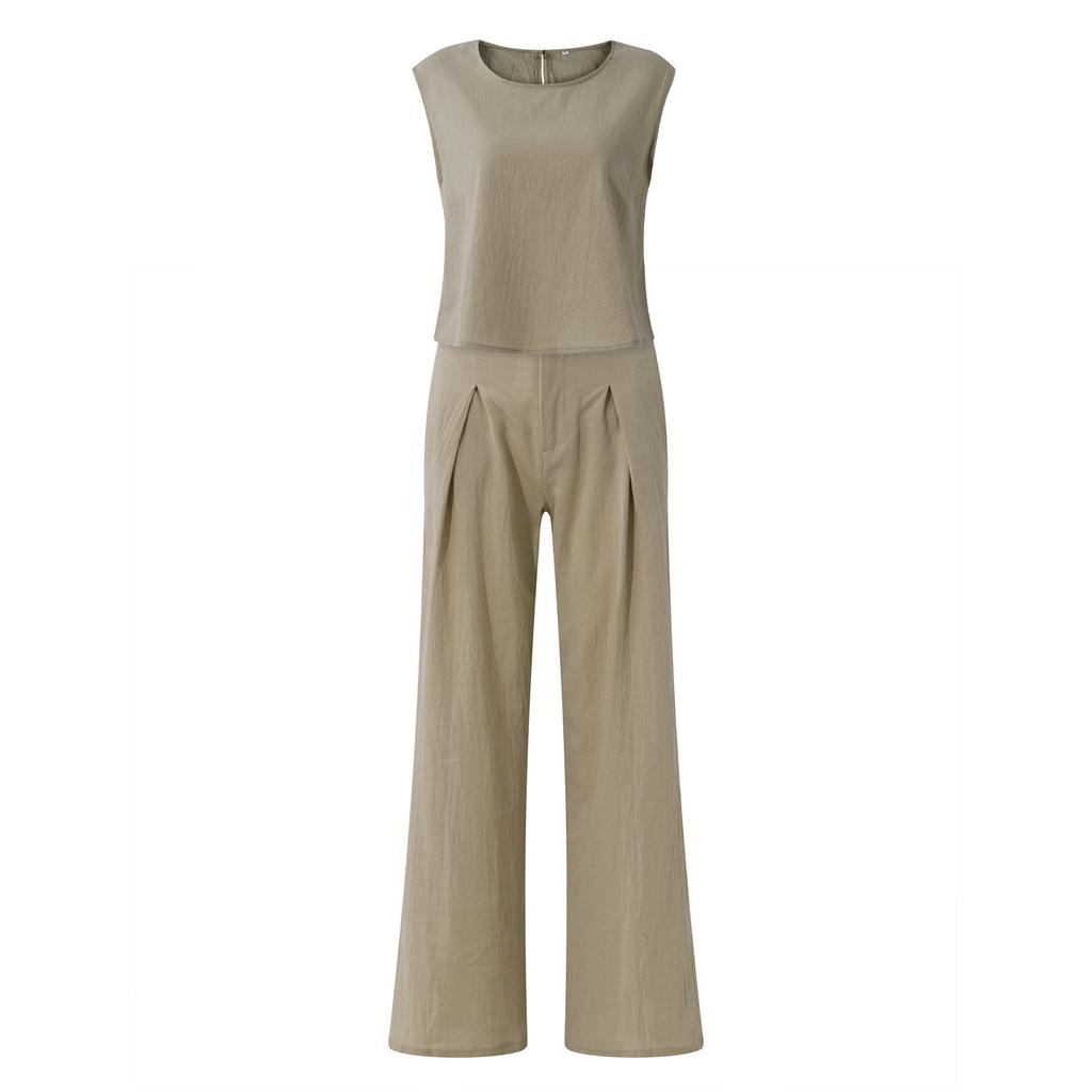 Fashion Women's Casual Sleeveless Pullover Cotton Linen Wide Leg Pants Solid Color Suit