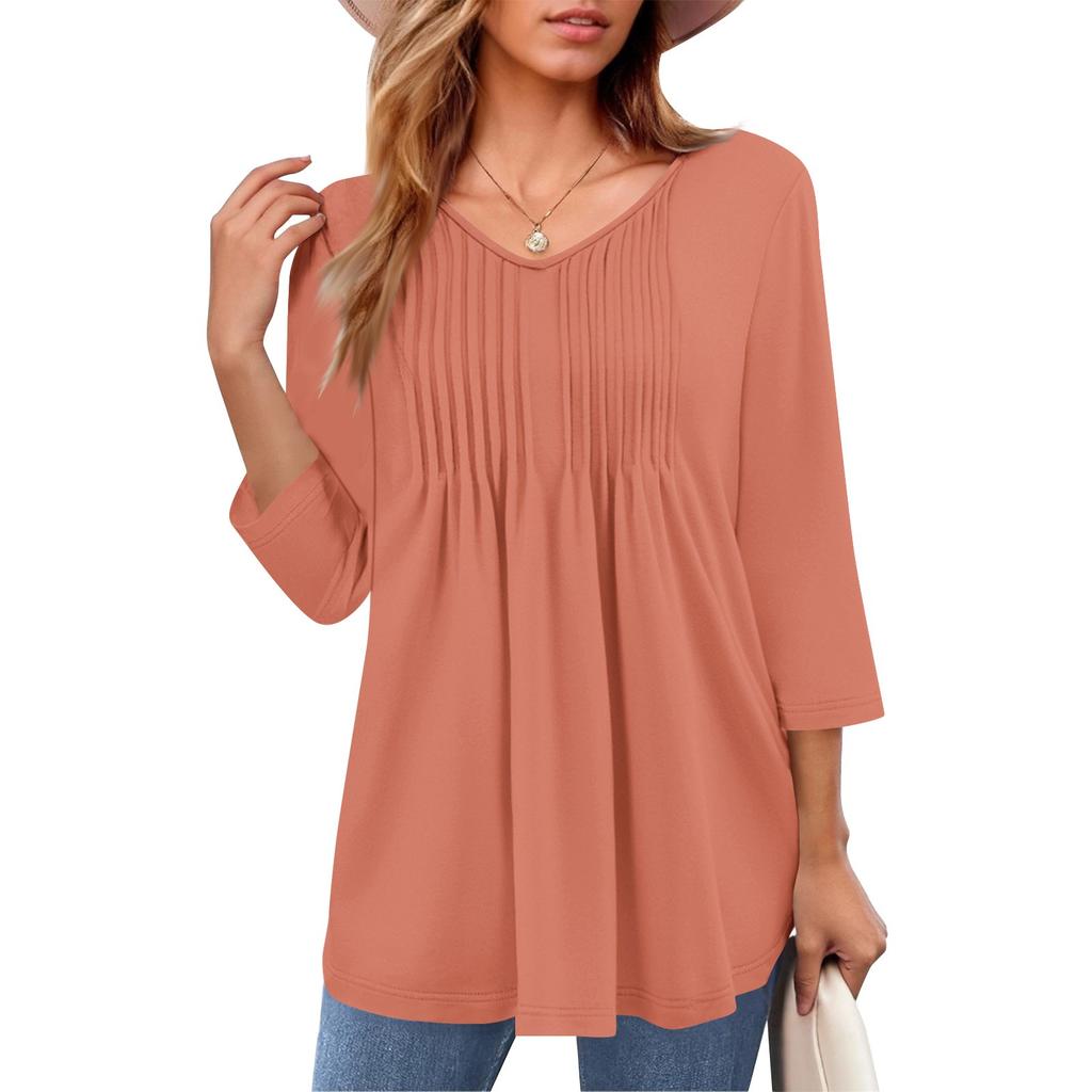 Женские топы с V-образным вырезом и рукавом три четверти в полоску, плиссированные, повседневные, летние, модные, рубашки