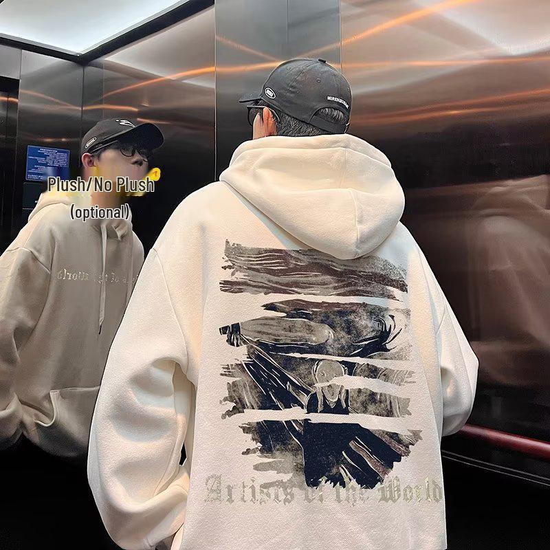 Men's Trendy American-Style Hooded Sweatshirt: Plus Velvet, Loose Fit, Casual Jacket for Teens - Ideal for Autumn and Winter.