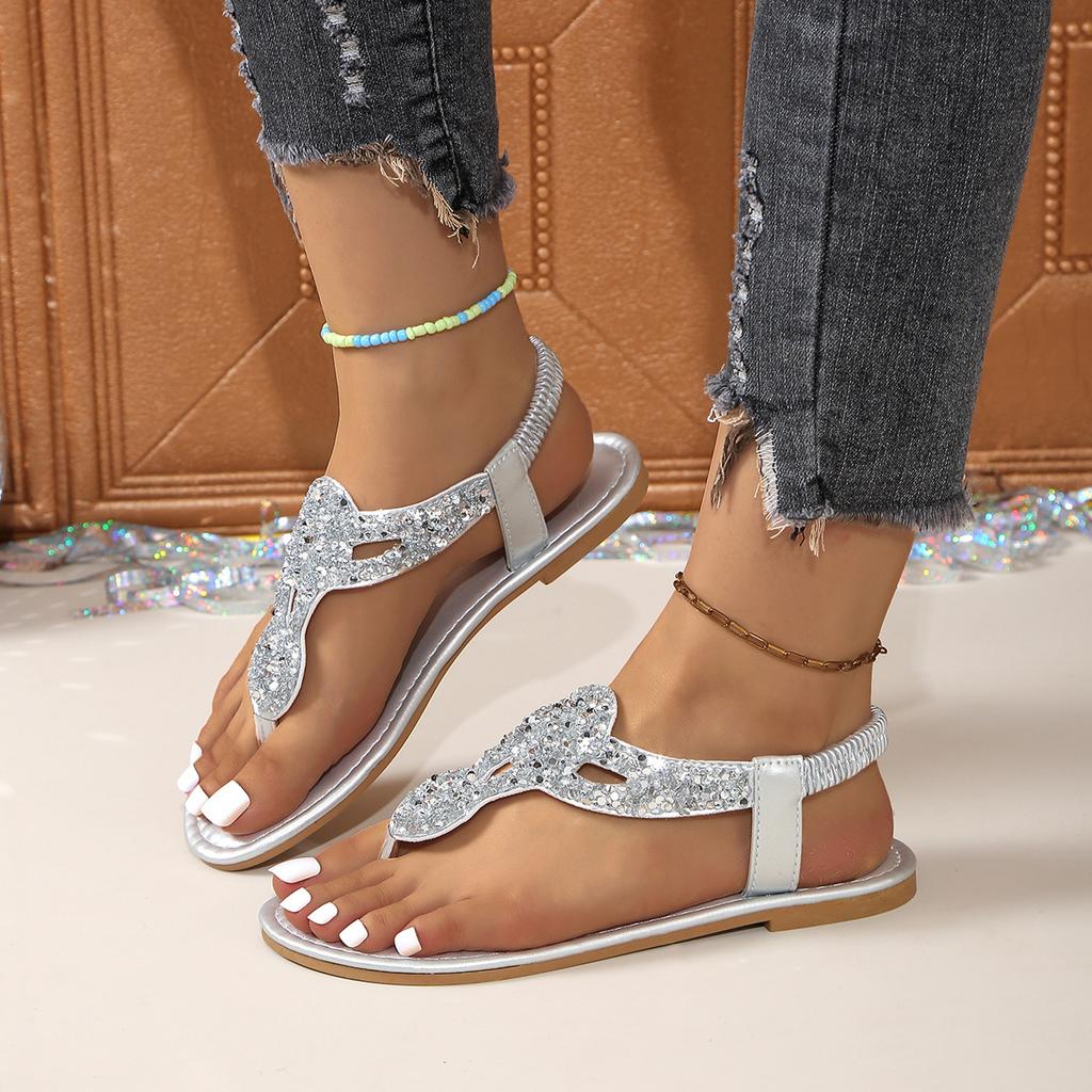 Летние сандалии большого размера с плоским дном и защипами, женские сандалии с узором «елочка», со стразами и пайетками, модные женские сандалии на плоской подошве