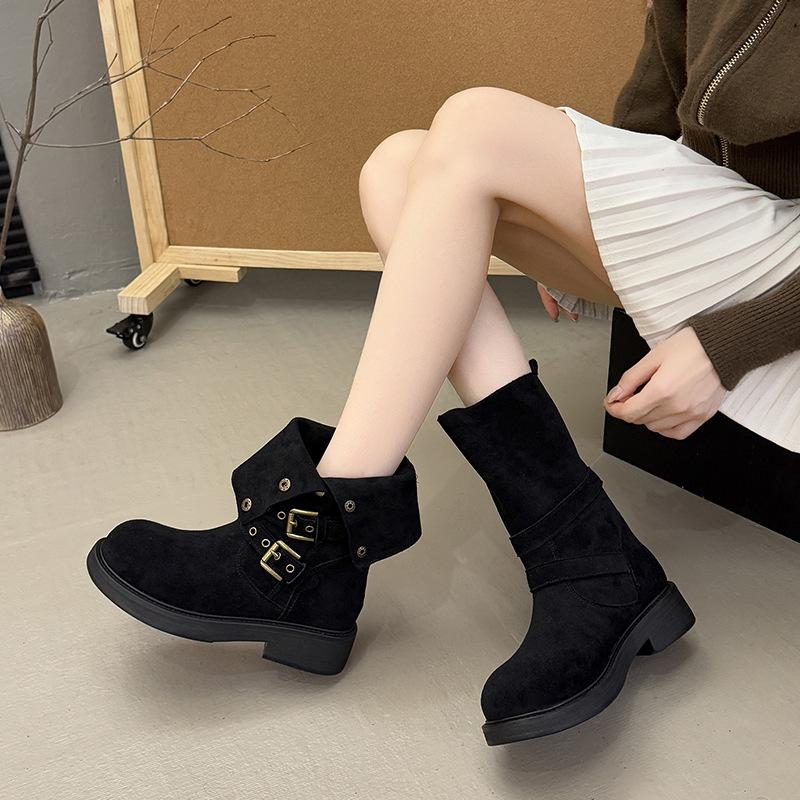 Осень и зима новый европейский и американский ветер корова анти-бархат толстая подошва ботинки-локомотивы круглый носок пряжка ремень заклепки средний каблук короткие ботинки Мар