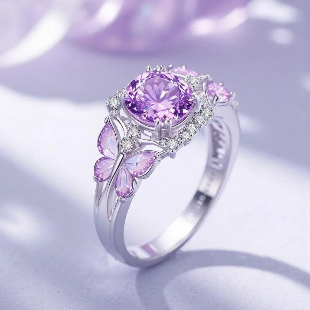 Elegant Vintage Purple Butterfly Ring for Women Sweet Fairy Unique Statement Jewelry
