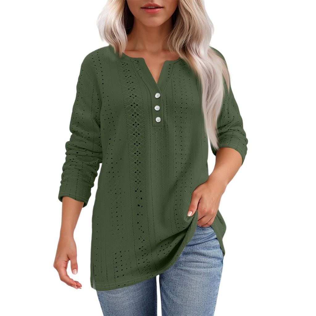 Жен. Футболка Футболка С принтом Пуговицы Рукав 3/4Ежедневно Выходные Мода Классический Топ с v-образным вырезом Обычный