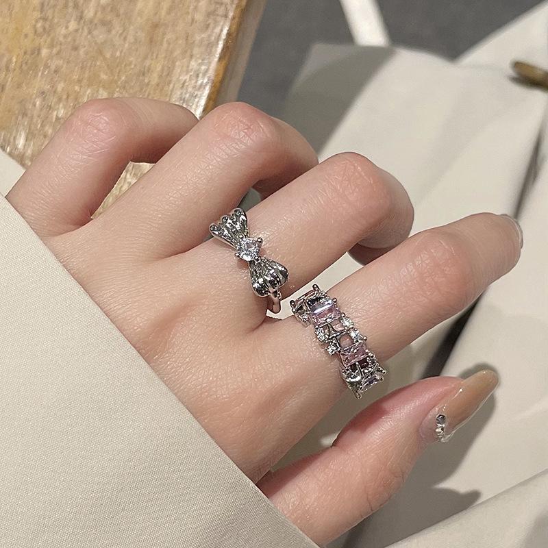 Rabbit Bow Pink Zircon Stacked Open Ring Niche Design High Sense Cold Wind Ring Woman