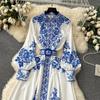 New Fashion Runway Red And White Porcelain Dress Women's Stand Long Lantern Sleeve Blue Floral Print Shirt Robe Dresses