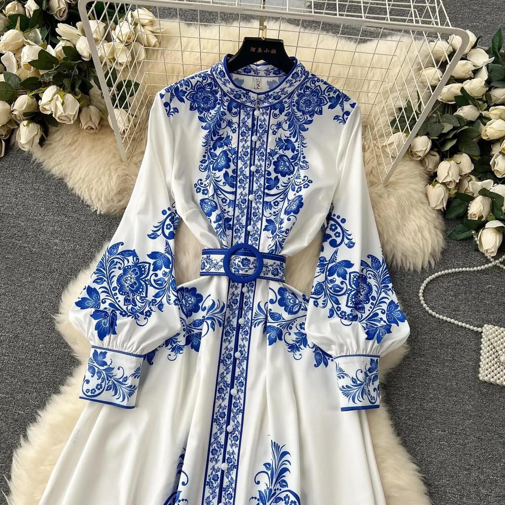 New Fashion Runway Red And White Porcelain Dress Women's Stand Long Lantern Sleeve Blue Floral Print Shirt Robe Dresses