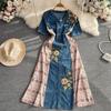 New Summer Women Print V Neck Single Breasted Short Sleeve Embroidery Chiffon Batchwork Fashion Elegant Casual Dresses