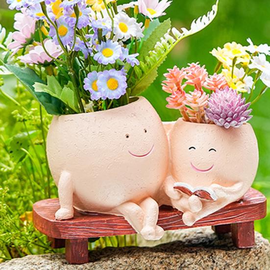 Горшок для цветов с изображением улыбающегося лица, смоляной, с изображением головы дамы, с изображением лица девушки, цветочный горшок с двумя головками, суккулентный горшок с дренажным отверстием для домашнего офиса, балкона