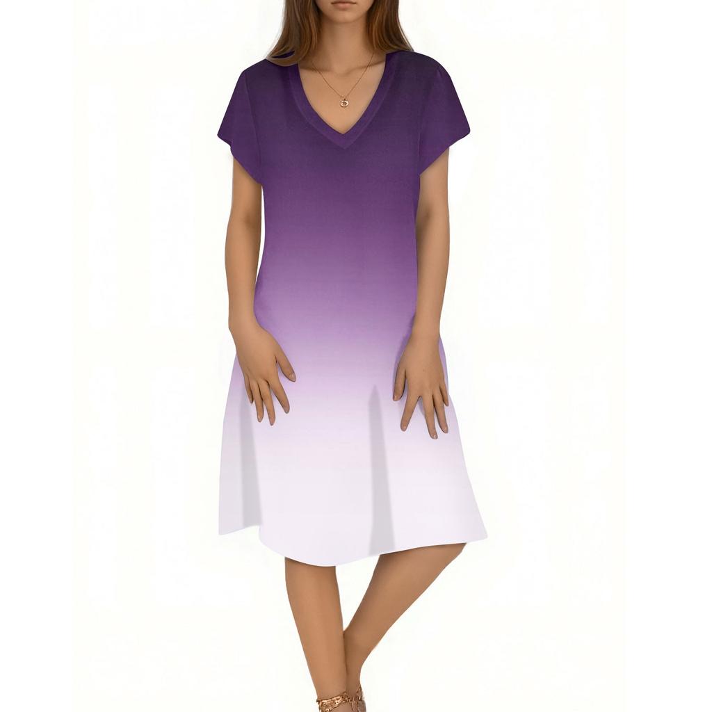 Ladies Casual Fashion V-neck Short Sleeve Gradient Print Mid-length Flowing Dress