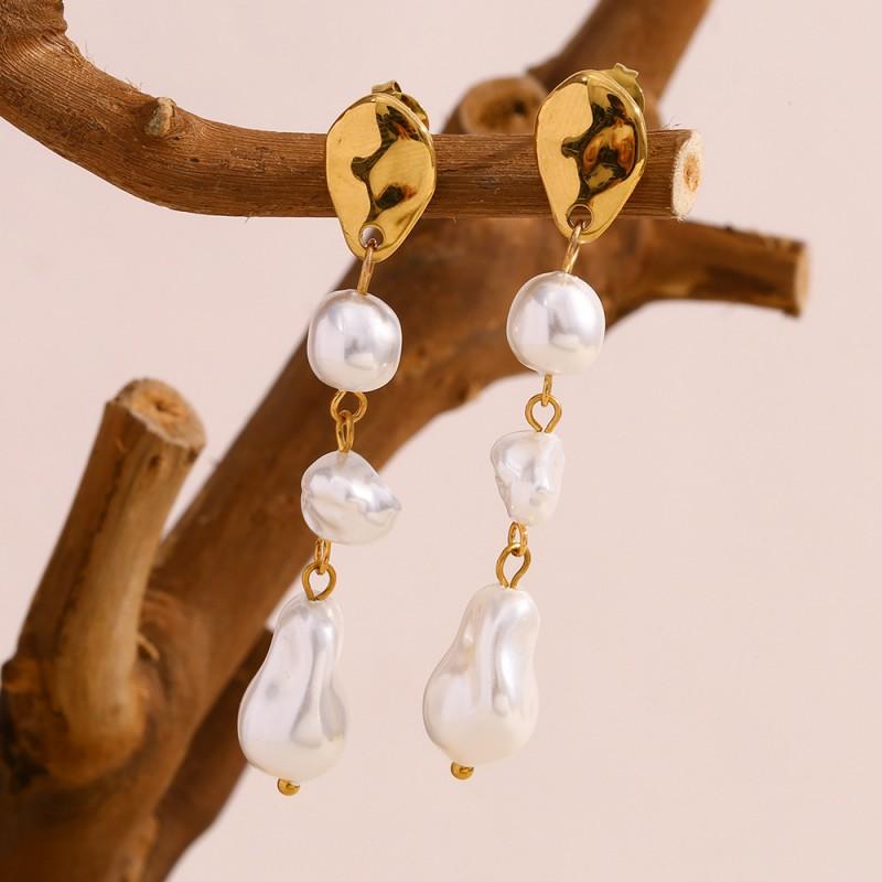 Irregular French Style Earrings Women Stainless Steel 18K Gold Plated With 3 Imitation Pearl Drop Studs