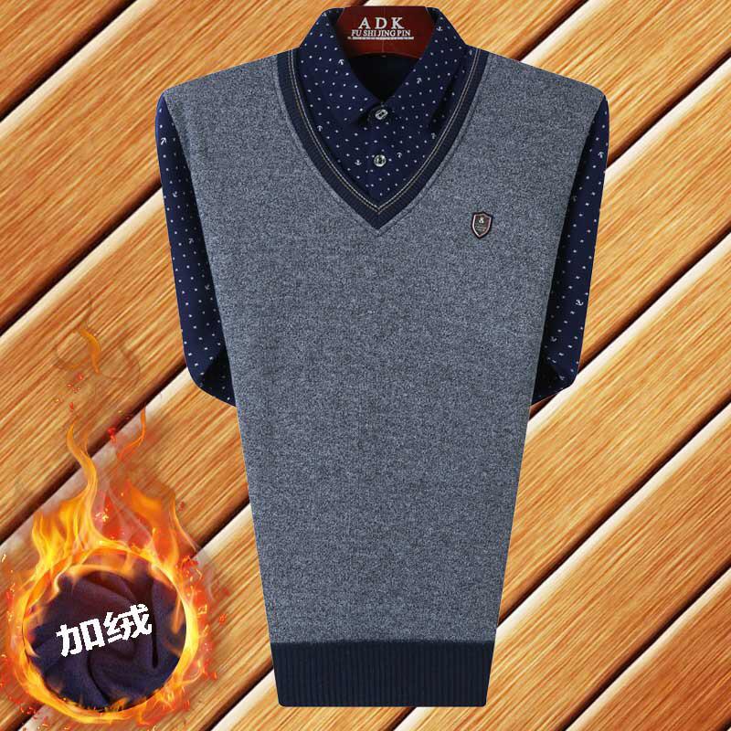 Men's Autumn/Winter Knit Sweater with Fake Two-Piece Shirt Collar - Plus Velvet, Middle-Aged & Young Styles.