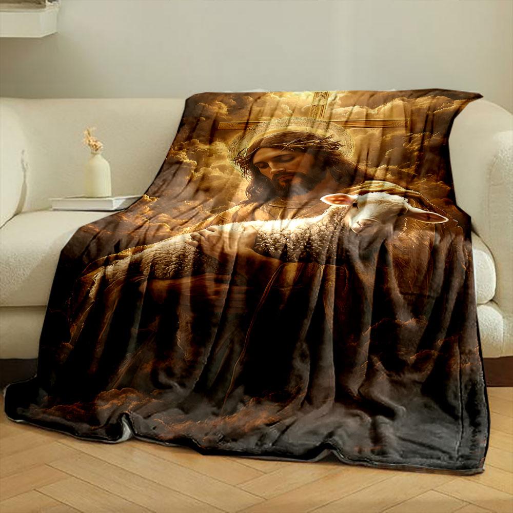 Jesus Holding Lamb Cross Blanket Printed Blanket for Living Room Bed Couch lunch break Soft Cozy Blanket for Friend's festival Gift