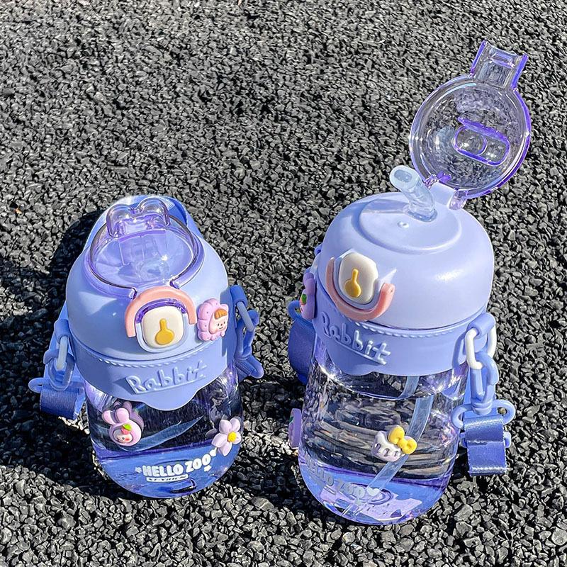 Кавайная пластиковая бутылка для воды с кроликом для девочек, с трубочкой и ремешком, прозрачная, портативная, герметичная, детская бутылка для воды, без BPA, практичное использование