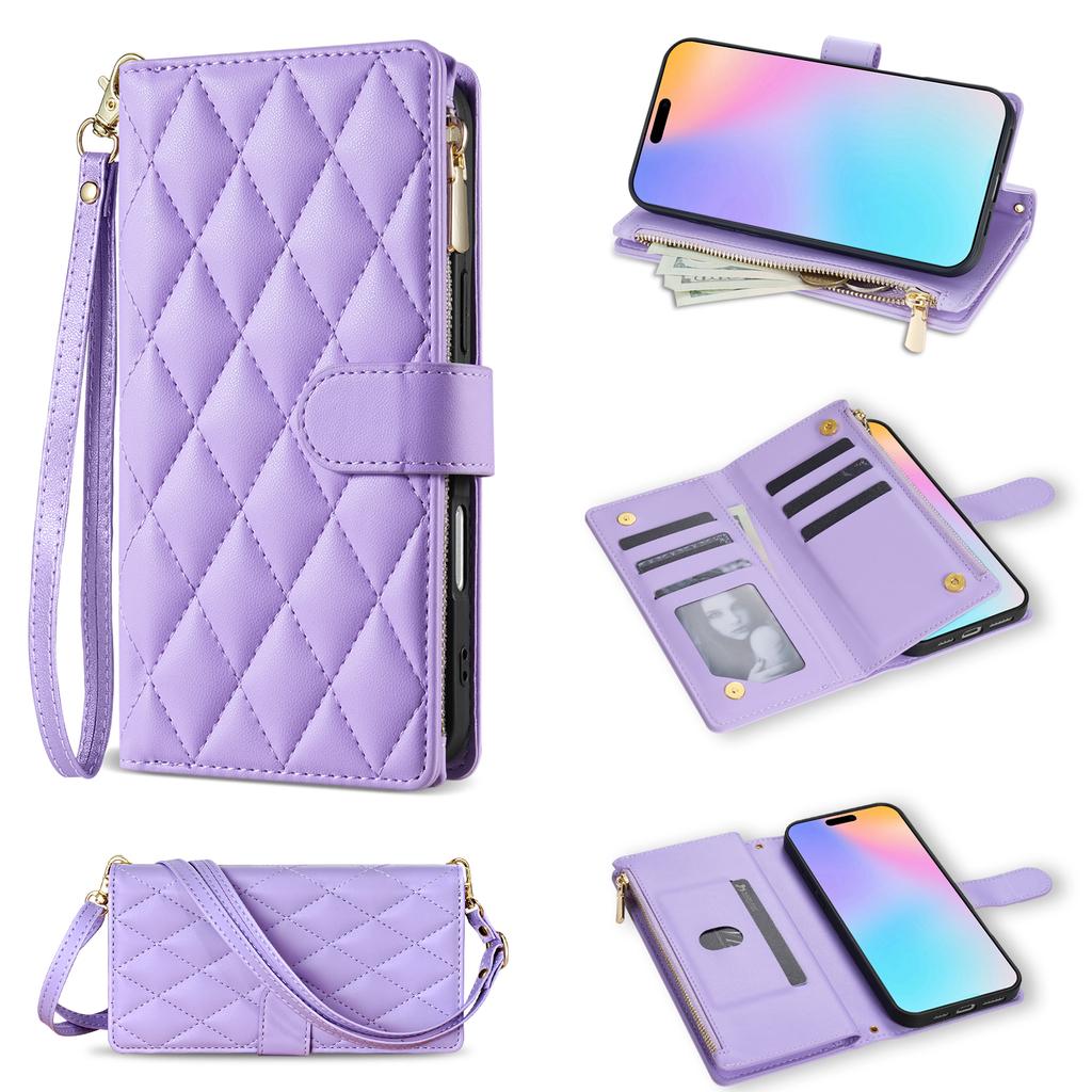 For iPhone 17 Case Rhombus Stitching Leather Wallet Phone Cover with Long/Short Strap