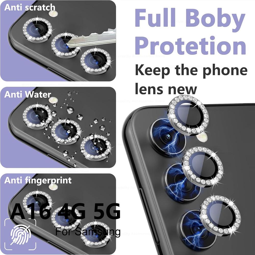Для Samsung Galaxy A16 4G 5G Diamond Camera Lens Protector Блестящая закаленная стеклянная задняя крышка объектива Алюминиевое металлическое кольцо Galaxy A06