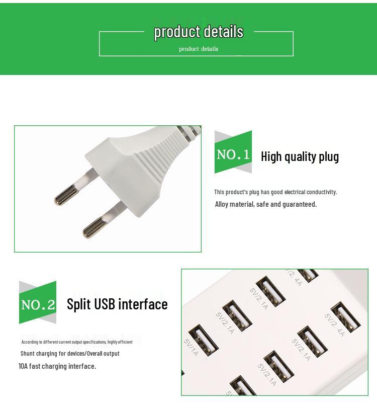 10-Port USB Charger 5V2A Smart Fast Charging Hub for Apple and Xiaomi Devices