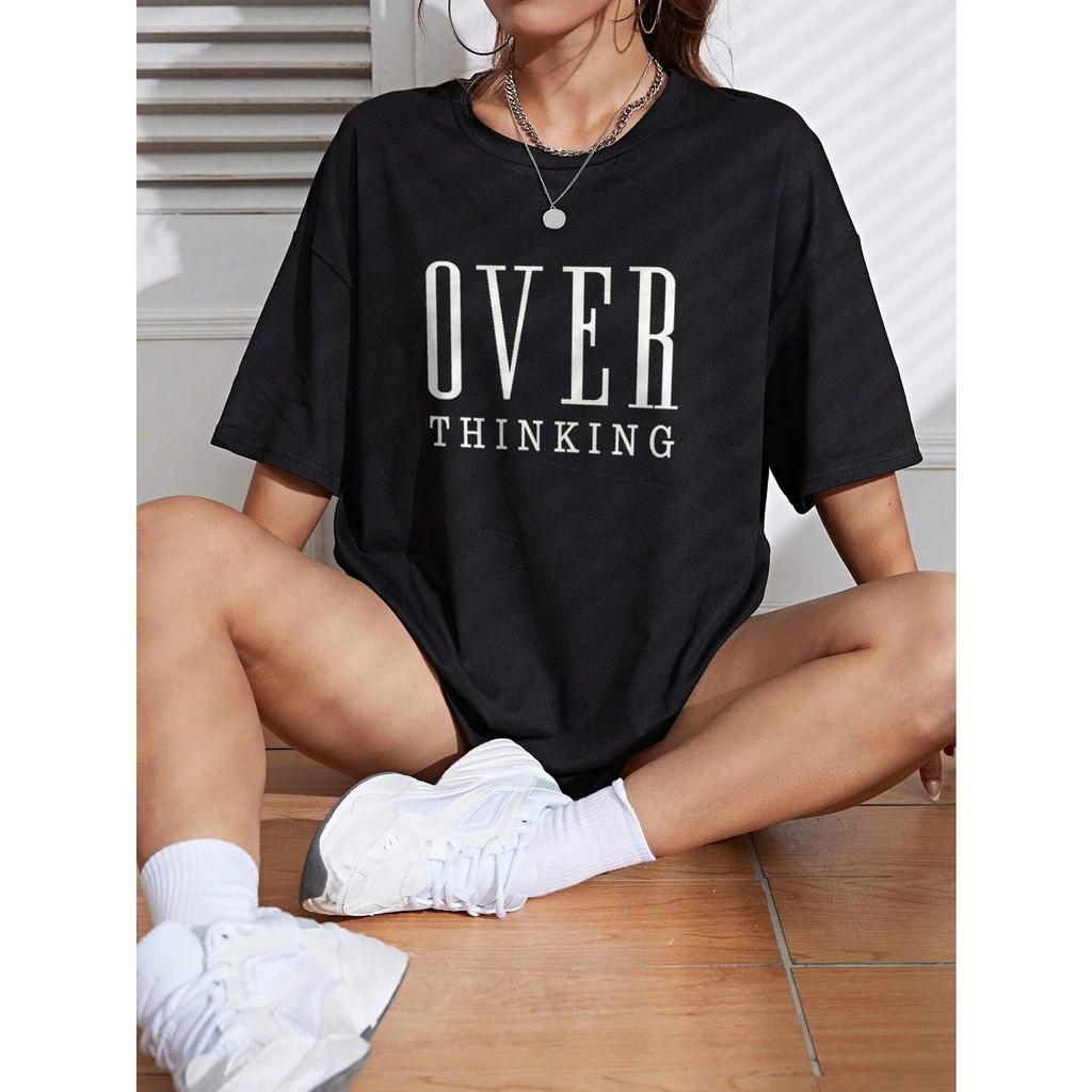 Over Thinking Letter Print Женские хлопковые топы с коротким рукавом и дышащим винтажным круглым вырезом Повседневные футболки Женская футболка Одежда