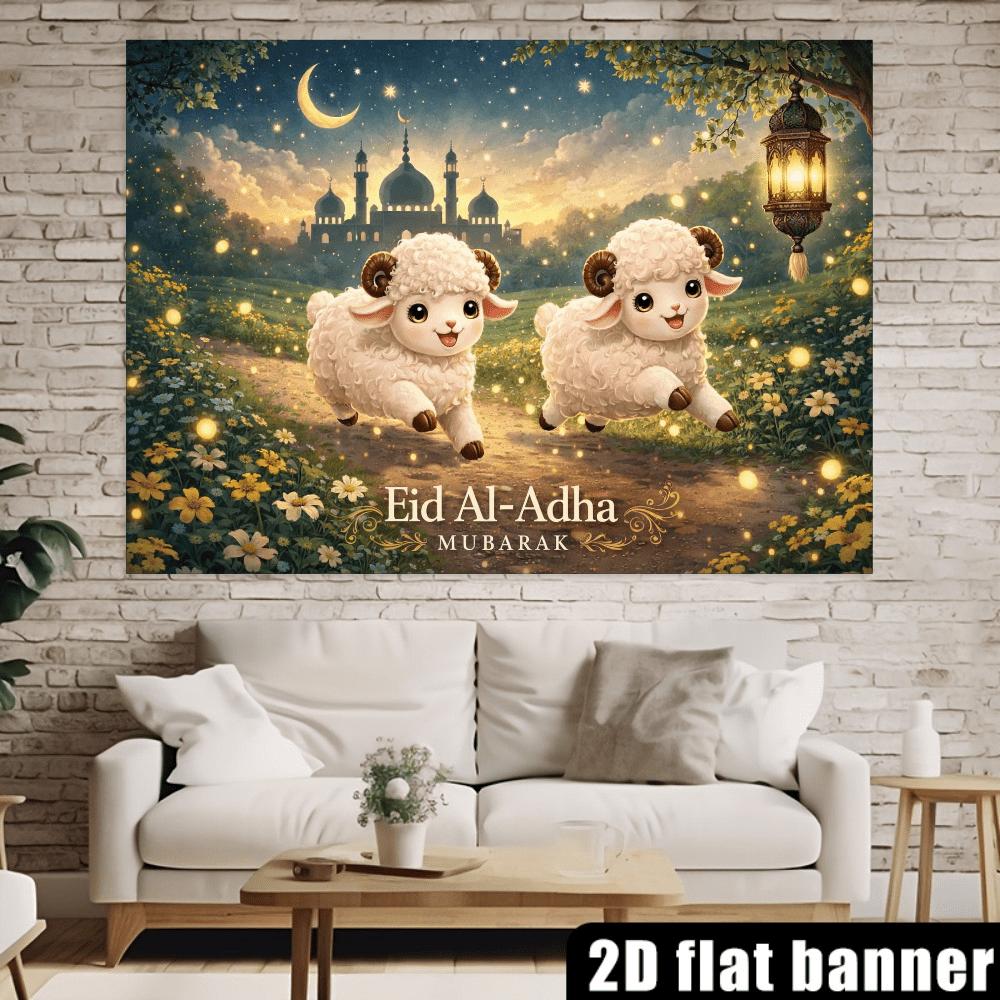 2D flat Eid al-Adha mosque star-themed background cloth with Eid al-Adha Mubarak gold lettering