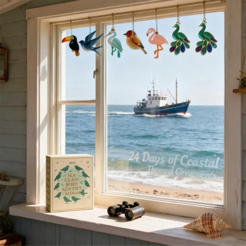 2D Flat Arcylic Sea Glass Bird Advent Calendar 2025, 24 Day Coastal Christmas Countdown with Handcrafted Sea Glass Ornaments, for Beach Nature Lovers