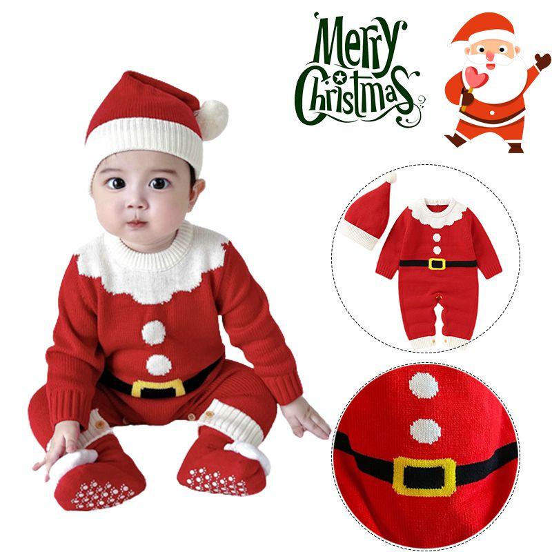 Adorable Christmas Baby Knitted Romper Jumpsuit Outfit W/ Santa Claus Sweater Hat