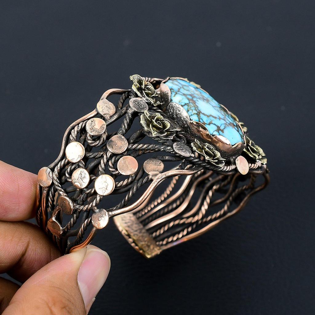 Тибетский бирюзовый драгоценный камень, чистая медная проволока, завернутая в манжеты/браслет ручной работы, регулируемые ювелирные изделия