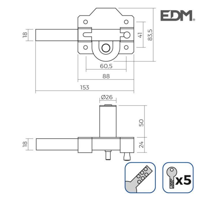 Накладной замок золотистого цвета с круглым цилиндром безопасности и защелкой для открывания edm.