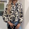 Women's Fashion Casual Spring Autumn Flower Pattern Print Long Sleeve V-Neck Blouses & Shirts