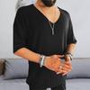 Летняя мужская футболка трикотажная с v-образным вырезом и половиной рукавов, однотонный свободный пуловер, эластичный повседневный спортивный топ средней длины, трикотаж