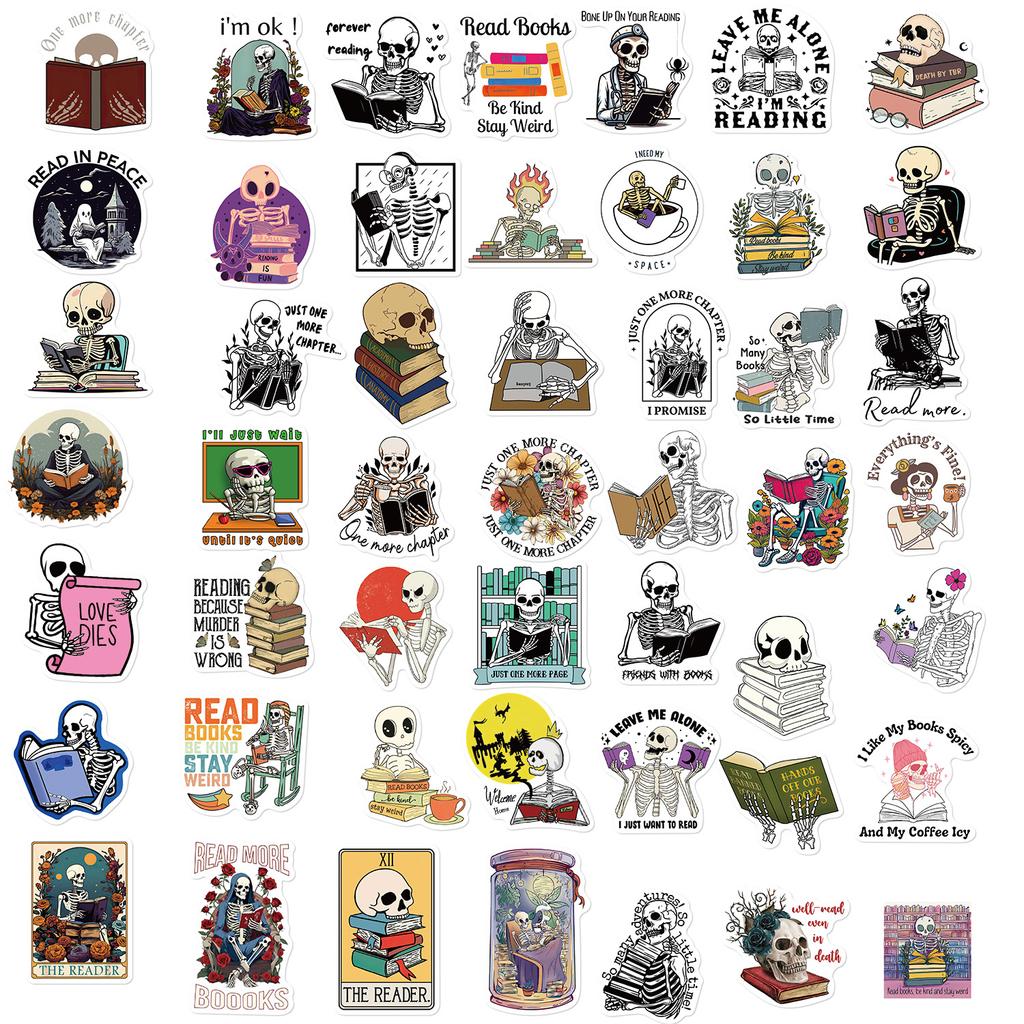 50 Skeleton Reading Books Graffiti Stickers Decorate Suitcase DIY Personalized Waterproof Stickers