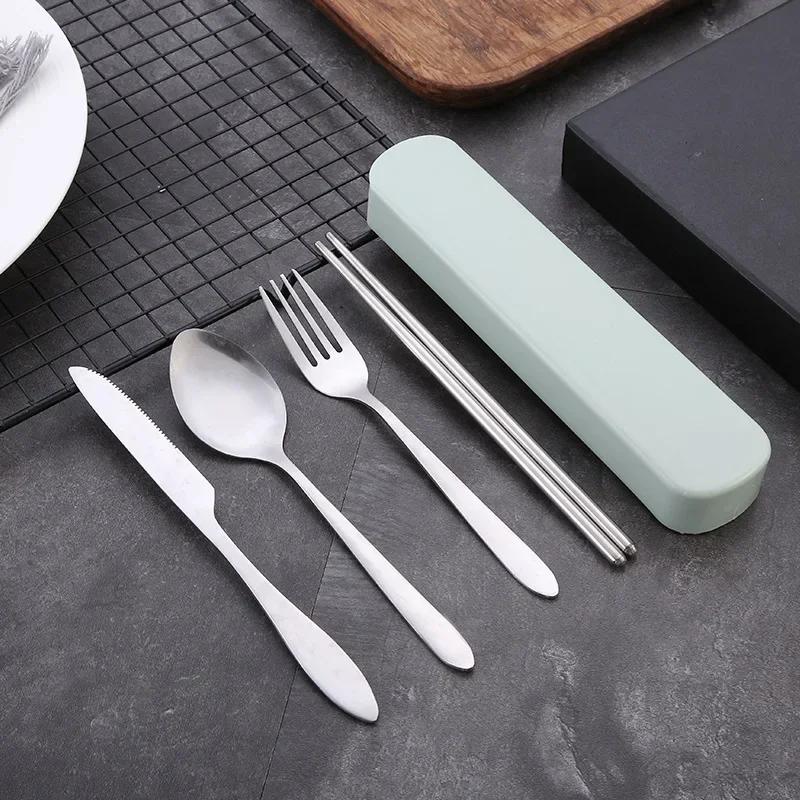 4Pcs/Set Travel Camping Cutlery Set Portable Tableware Stainless Steel Chopsticks Spoon Fork Steak Knife with Storage Case
