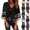 Women's Shirt Blouse Casual Loose Shirts Lace 3/4 Sleeve Trims Print V Neck Tops Print Tops T-shirts Tee