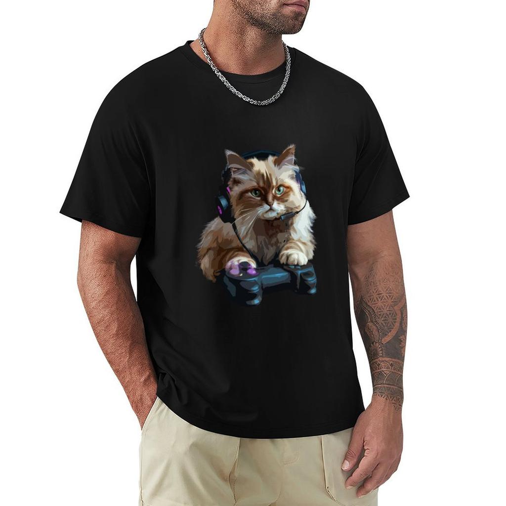 Gamer Cat Tshirt Work Utility Casual Tee Shirt