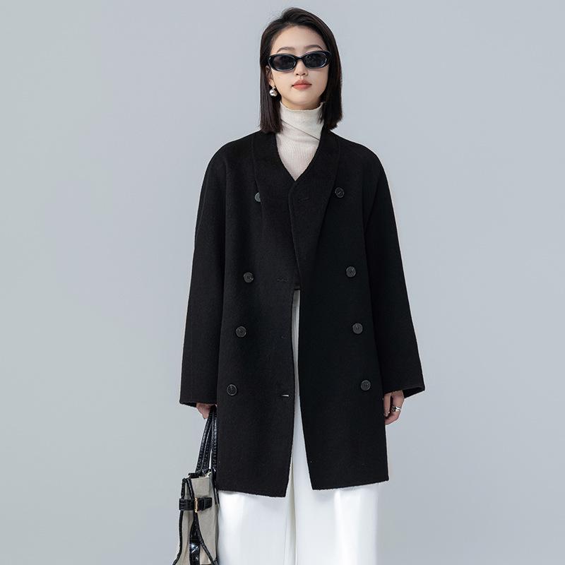 2025 Autumn/Winter Women's Stand Collar Double-Faced Medium Cocoon Alpaca Wool Coat